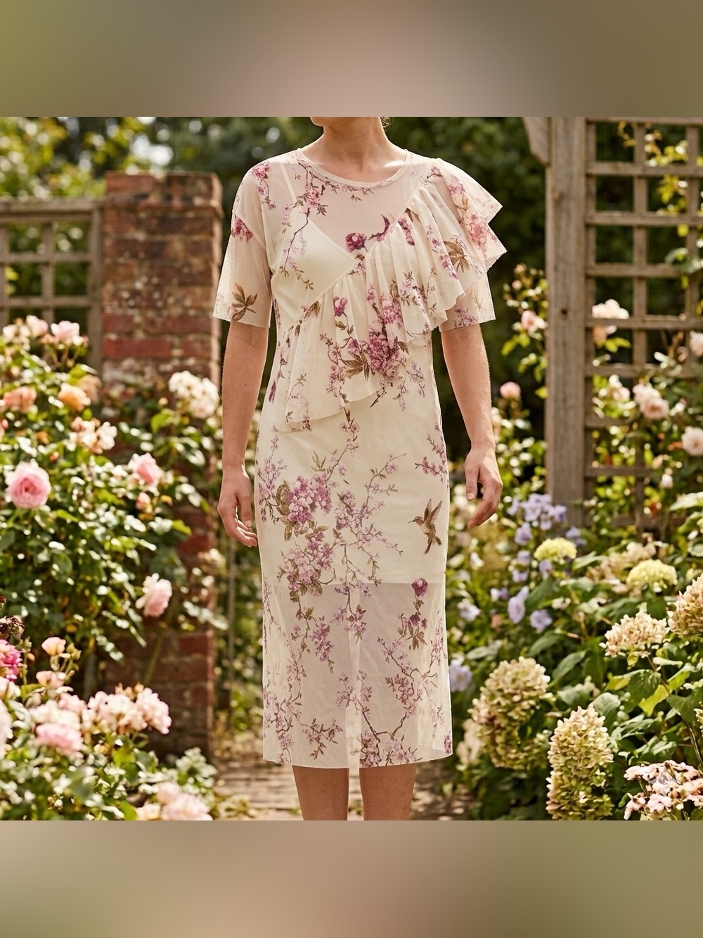 Pull & Bear Floral Mesh Sheer Asymmetric Ruffle Midi Dress Small